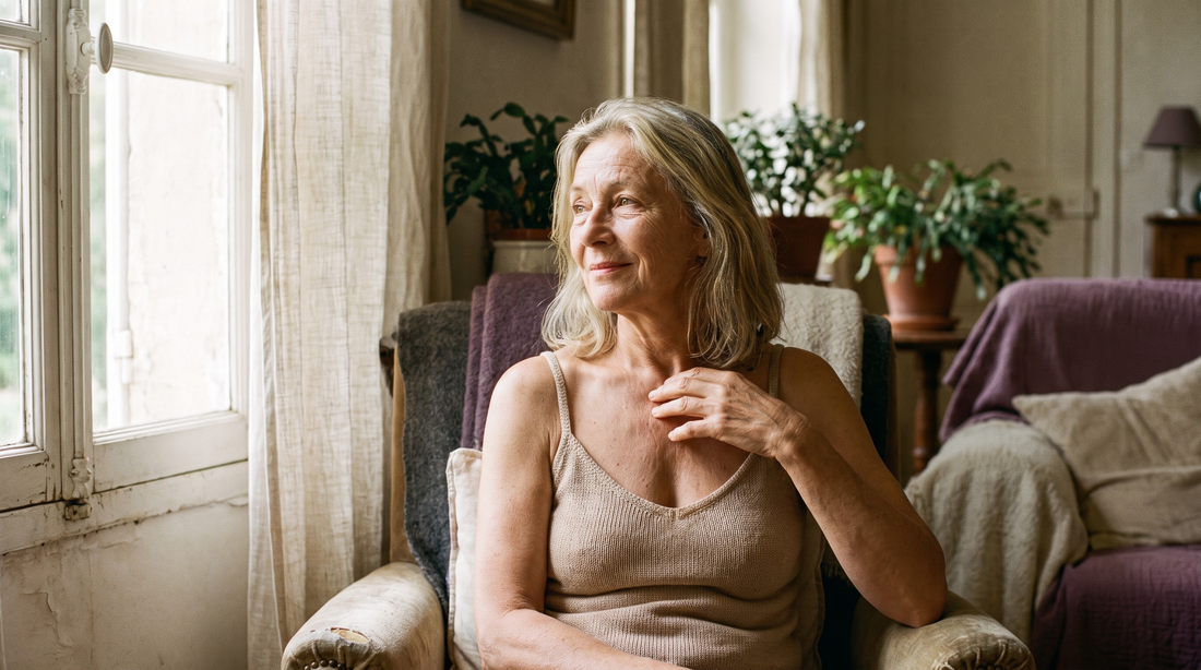 Femme de 62 ans sereine chez elle en débardeur à maintien intégré Belle Simone
