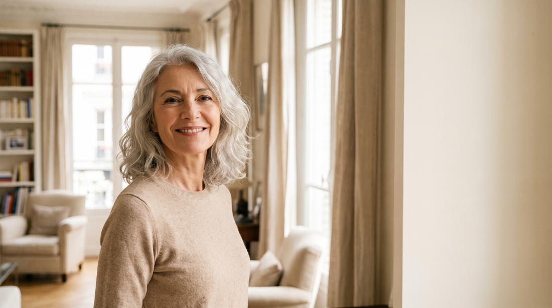 Femme de 60 ans souriante, réponses aux questions sur le débardeur à maintien intégré