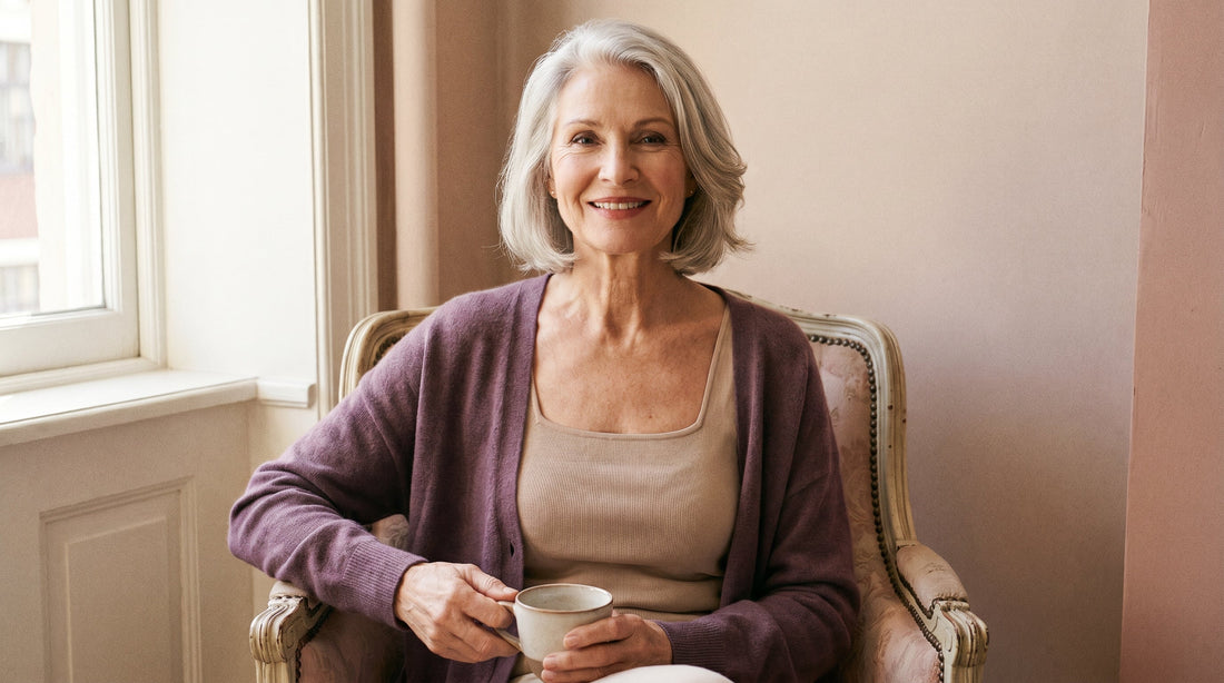 Femme élégante de 70 ans aux cheveux argentés en débardeur beige sous un gilet, bien s'habiller à 70 ans