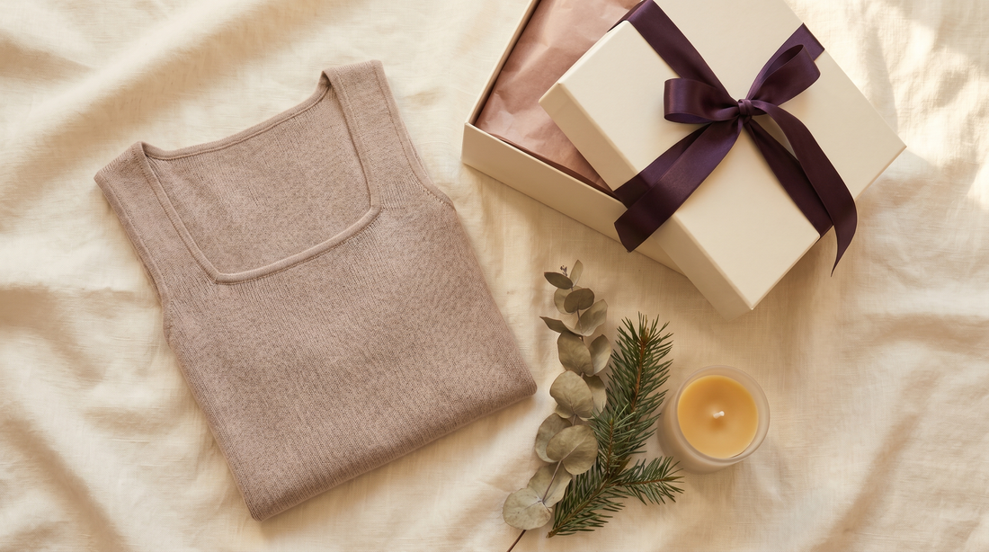 Débardeur beige dans un coffret cadeau avec ruban aubergine et pin, idée cadeau de Noël confort
