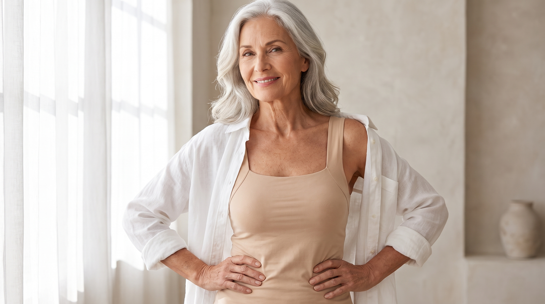 Femme de 60 ans en caraco à soutien-gorge intégré beige sous une chemise blanche