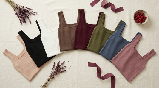 Plusieurs débardeurs à maintien intégré pliés dans différents coloris (beige, noir, ivoire, café, bordeaux, olive, bleu, rose) sur lin crème
