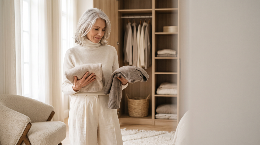 Femme de 60 ans comparant deux hauts pour choisir son débardeur à maintien intégré