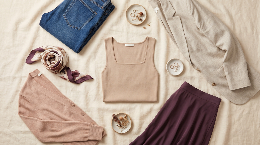 Débardeur beige entouré de pièces de garde-robe, 7 façons de porter un débardeur à maintien intégré