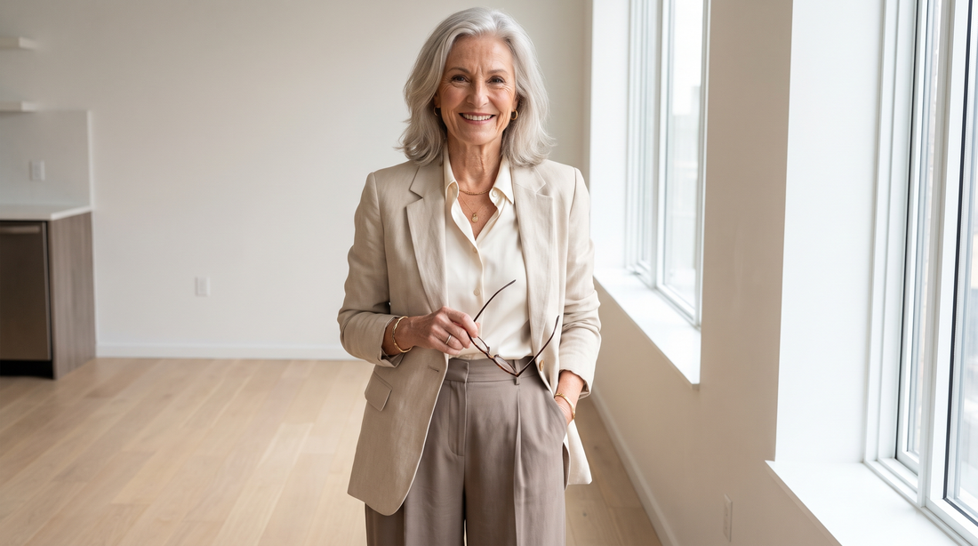 Femme ronde de 60 ans élégante en blazer et pantalon