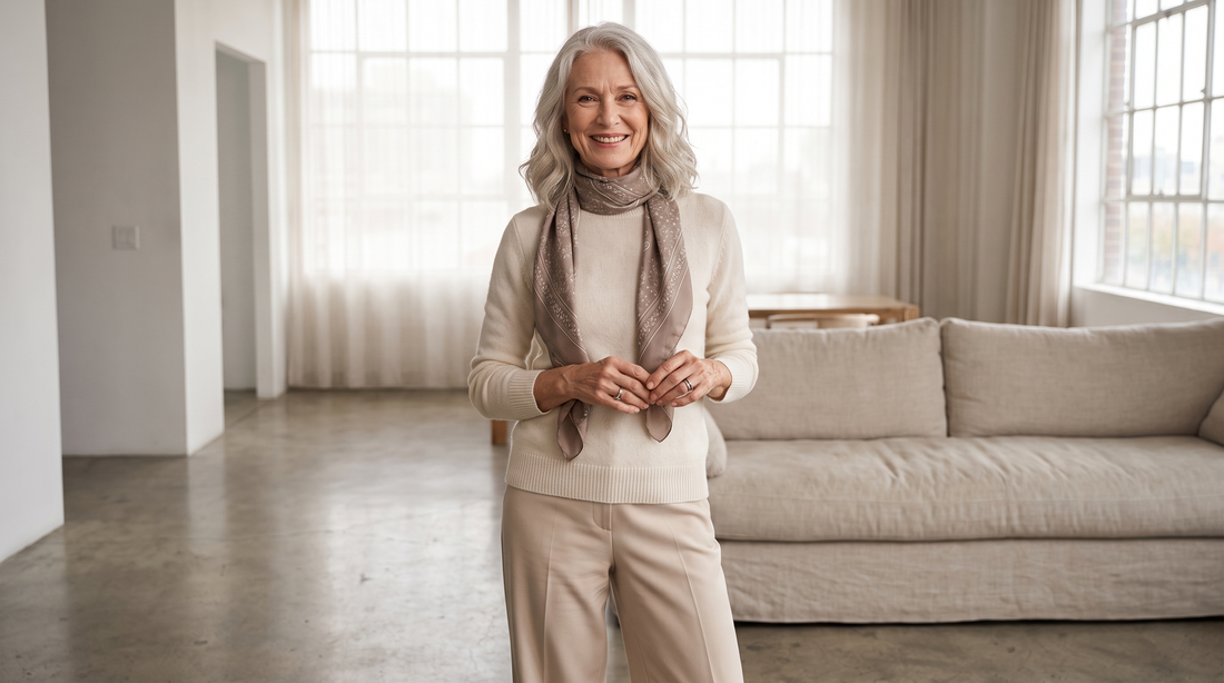 Femme élégante de 65 ans en tenue confortable et chic