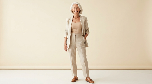 Femme de 75 ans chic en débardeur beige sous un blazer en lin, tenue intemporelle, Belle Simone