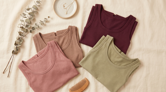 Débardeurs pliés en tons chauds (rose, café, bordeaux, olive), couleurs qui réveillent le teint après 60 ans