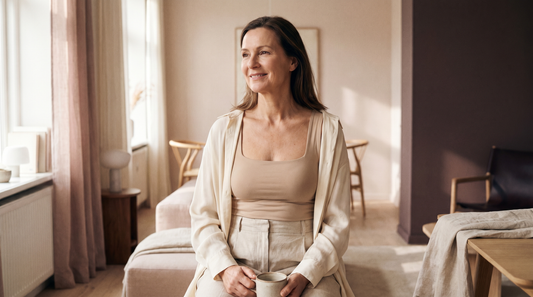 Femme en débardeur beige sous une blouse fluide, effet gainant léger et silhouette lisse