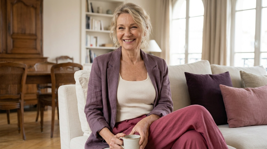 Femme de 62 ans portant un débardeur beige à maintien intégré sous un blazer ouvert, look chic de jour
