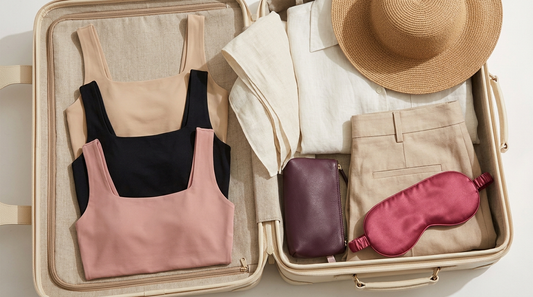Débardeurs à maintien intégré beige, noir et rose pliés dans une valise ouverte, basique léger pour voyager