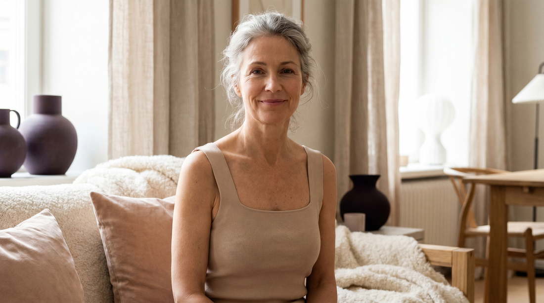 Femme de 60 ans en débardeur beige à bretelles larges, débardeur maintien poitrine sans armature