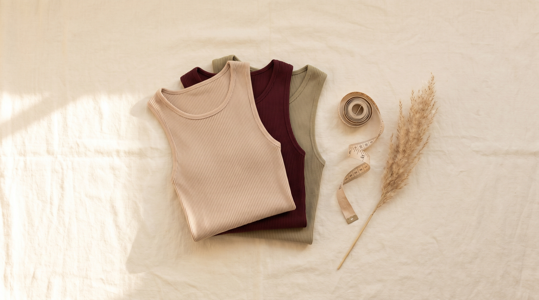 Trois débardeurs à soutien-gorge intégré pliés (beige, bordeaux, olive), guide pour bien choisir
