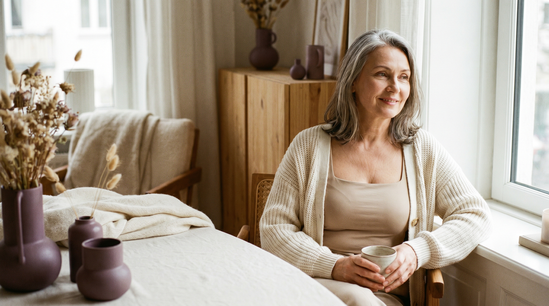 Femme de 60 ans en débardeur beige sous un gros cardigan en maille, superposition d'hiver