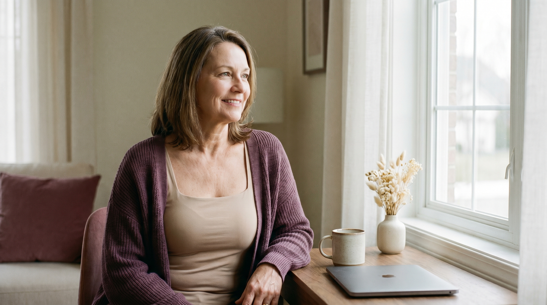 Femme en télétravail en débardeur beige sous un cardigan, confortable et présentable en visio