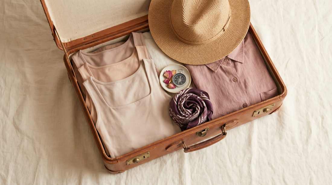 Valise ouverte avec débardeurs beige pliés, chapeau de paille et chemise en lin, voyage léger