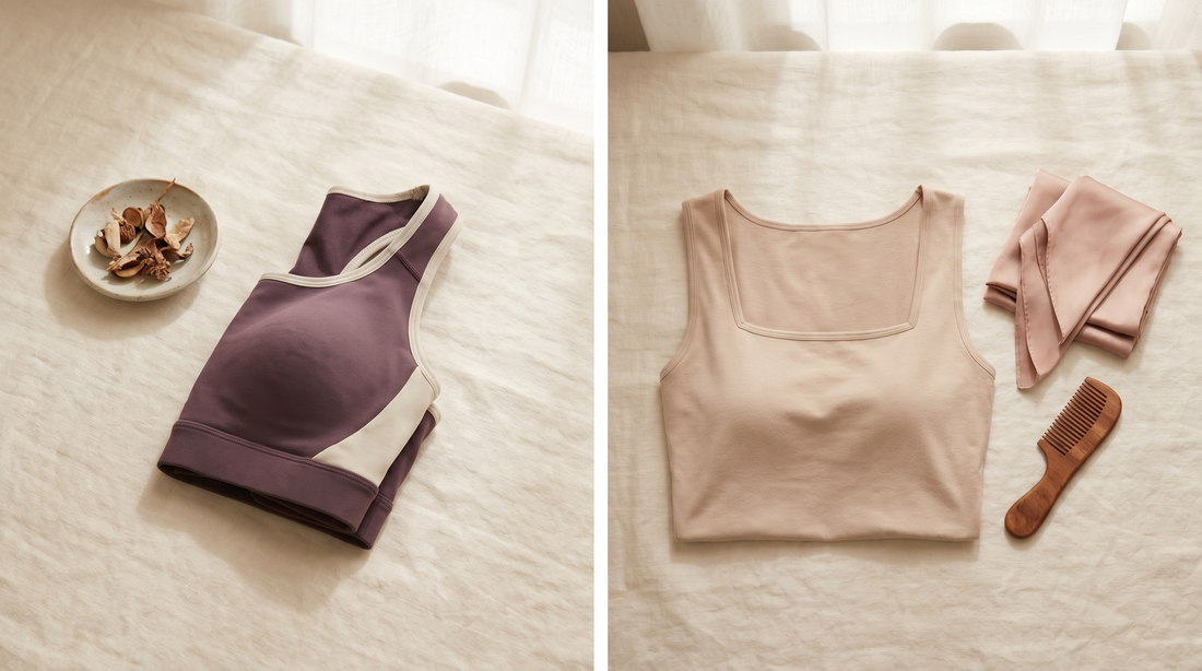 Comparatif brassière de sport et débardeur beige à maintien intégré posés côte à côte