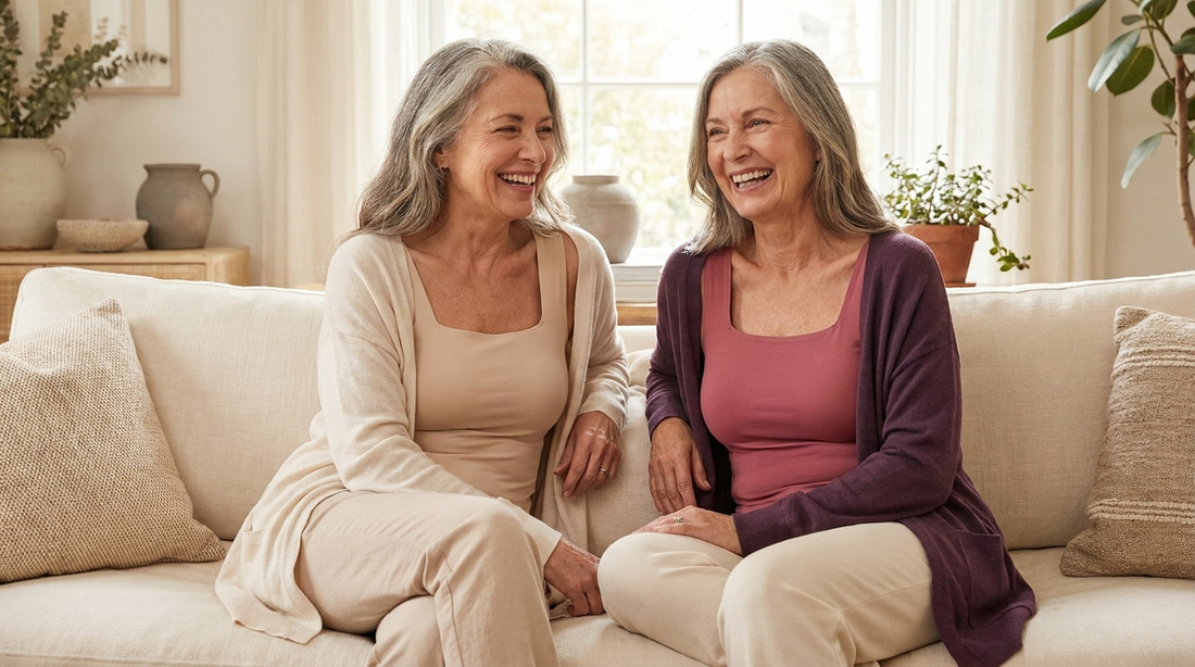 Deux femmes de 60 ans détendues et complices, en débardeurs à maintien intégré, confort sans soutien-gorge classique