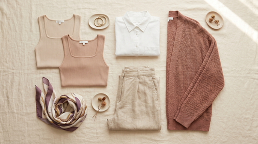Garde-robe capsule à plat avec débardeurs beige, chemise et pantalon, dressing minimaliste après 60 ans