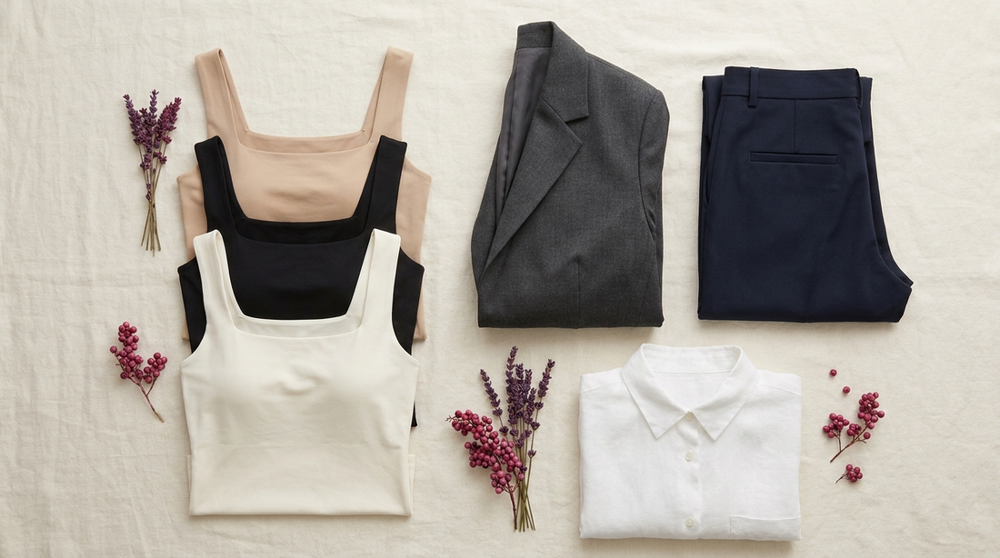 Garde-robe capsule élégante avec débardeurs à maintien intégré pliés et quelques basiques coordonnés sur lin crème