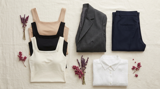 Garde-robe capsule élégante avec débardeurs à maintien intégré pliés et quelques basiques coordonnés sur lin crème