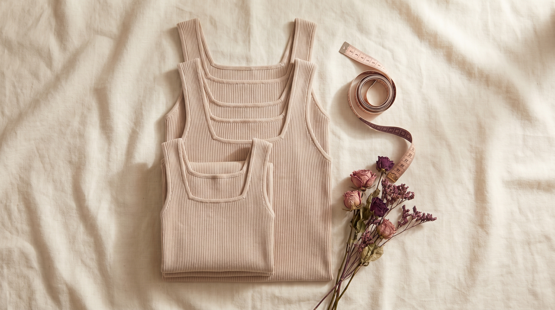 Débardeurs beige pliés par tailles avec mètre ruban, guide des tailles du S au 6XL