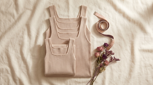 Débardeurs beige pliés par tailles avec mètre ruban, guide des tailles du S au 6XL