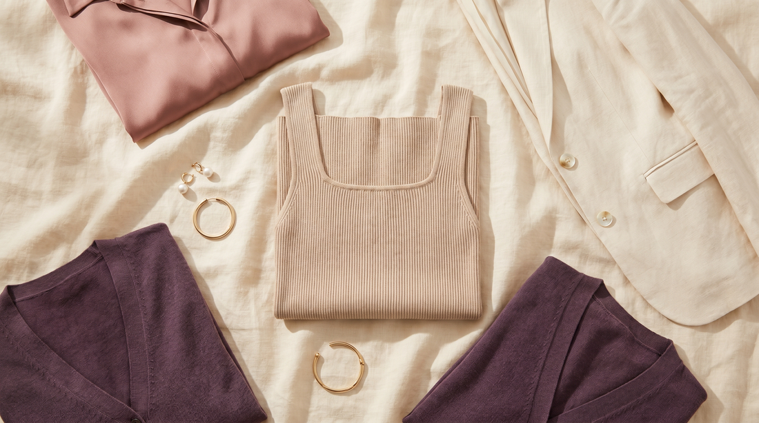 Débardeur beige sans armature avec blouse et blazer, vestiaire confort après 60 ans