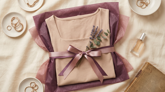 Débardeur beige Belle Simone présenté avec ruban et papier de soie, qualité et soin