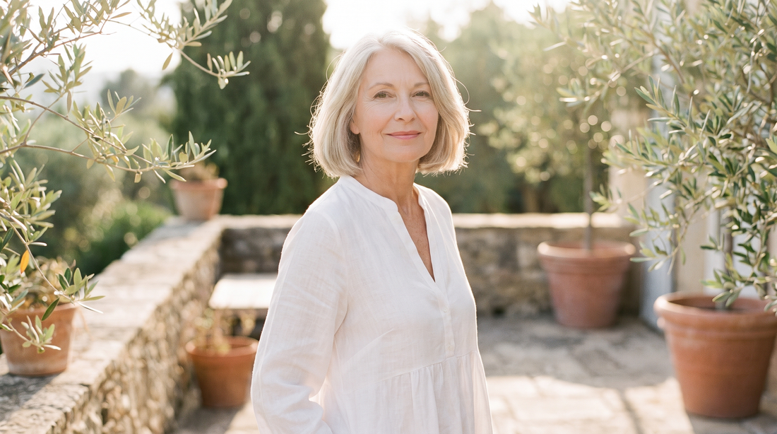 Femme de 60 ans en robe blanche estivale, silhouette lisse sans soutien-gorge visible