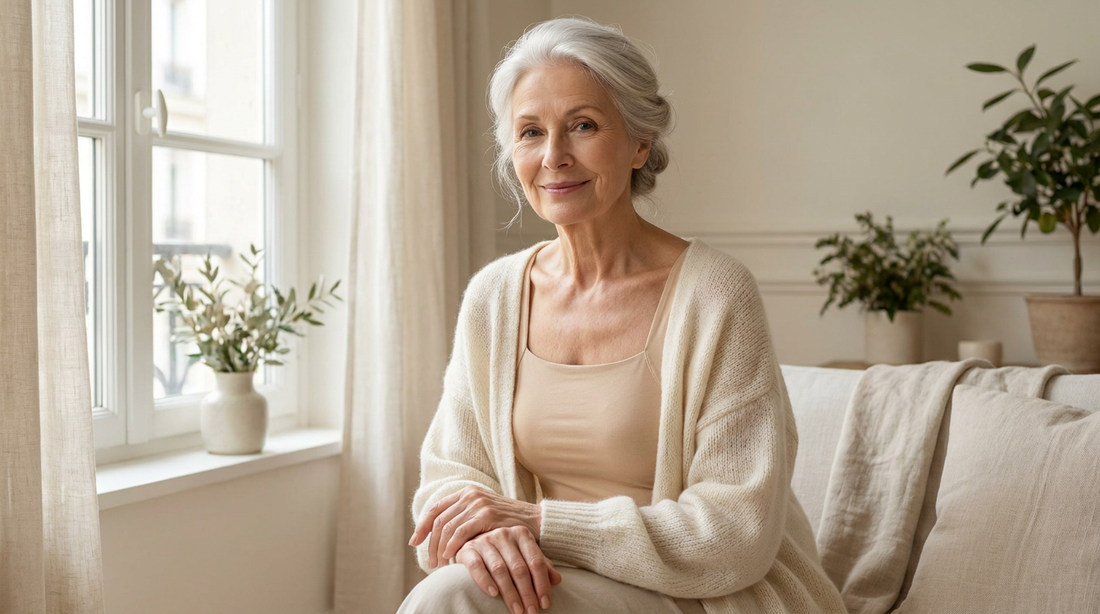 Femme de 60 ans en débardeur à maintien intégré beige sous un cardigan, sans soutien-gorge, Belle Simone