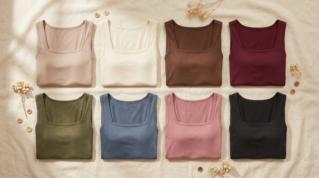 Les 8 coloris du débardeur Belle Simone pliés, du beige nude au bordeaux, pour choisir sa couleur