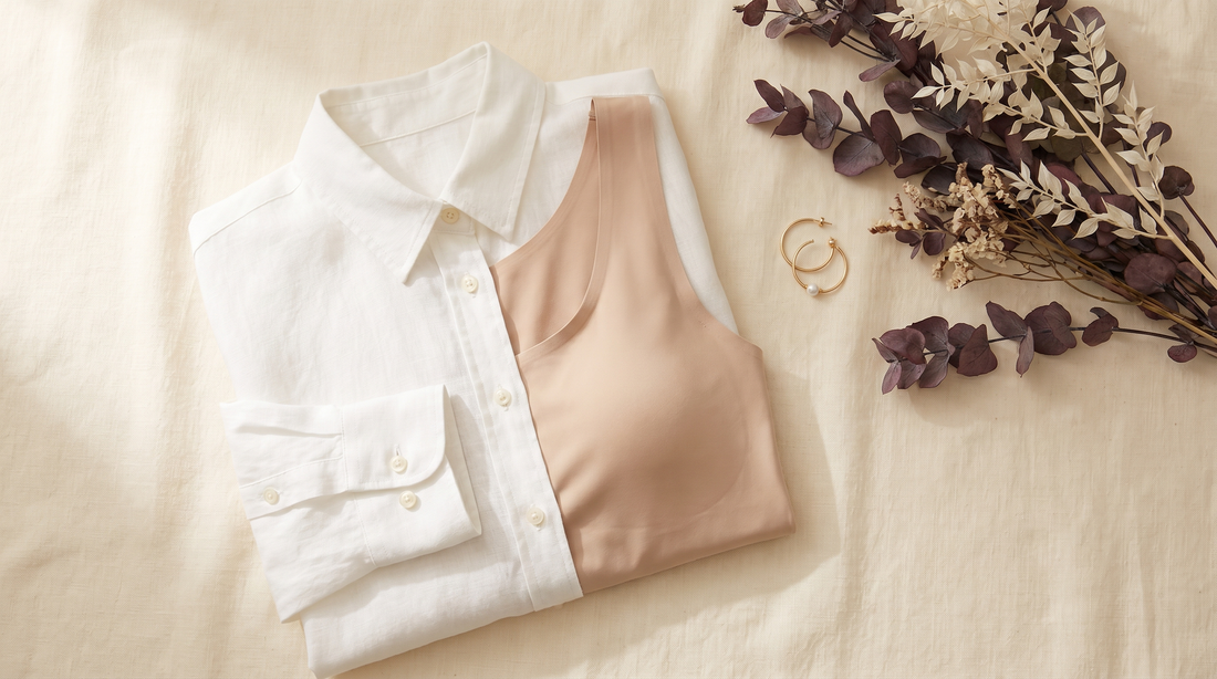 Chemise blanche posée à plat sur un débardeur nude sans couture, à porter dessous de façon invisible