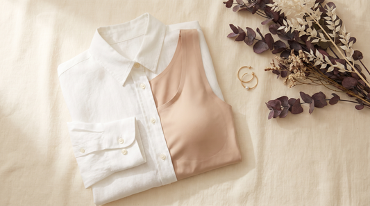 Chemise blanche posée à plat sur un débardeur nude sans couture, à porter dessous de façon invisible