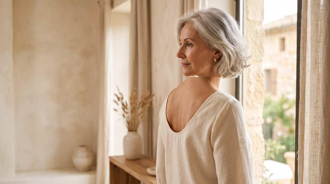 Femme de 60 ans dans un haut au dos dégagé, sans soutien-gorge visible