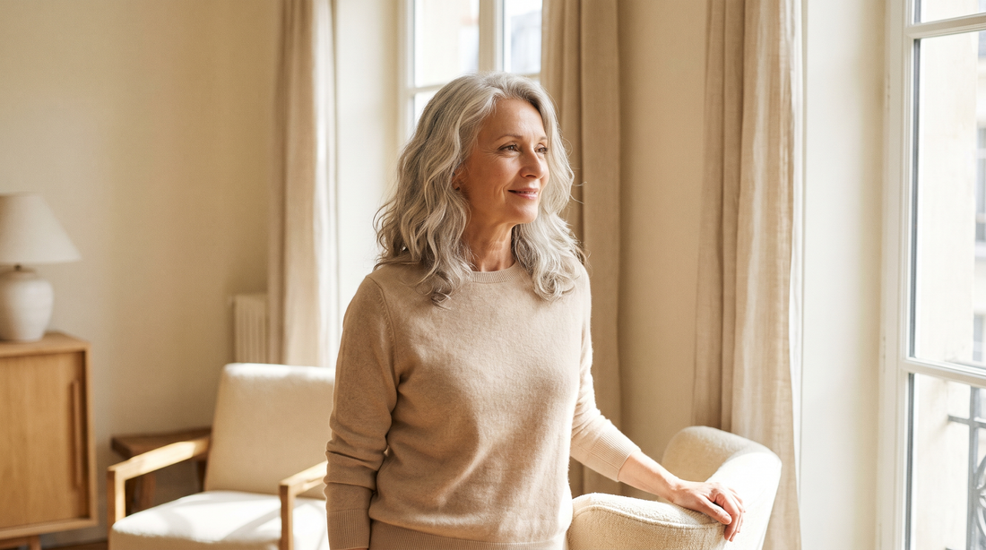 Femme de 60 ans détendue et à l'aise, sans soutien-gorge qui gêne