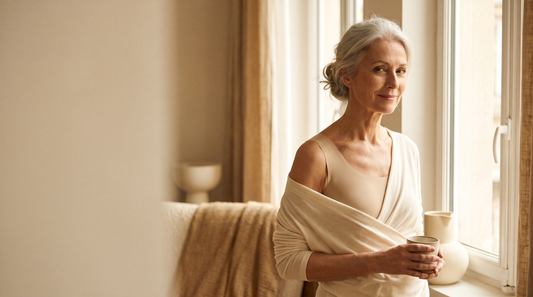 Femme de 60 ans comparant une brassière de maintien et un débardeur à maintien intégré