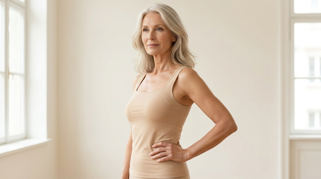 Femme de 62 ans en débardeur à maintien intégré beige, silhouette lisse et gainante, Belle Simone