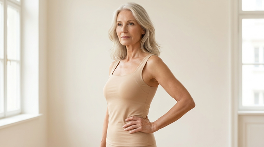 Femme de 62 ans en débardeur à maintien intégré beige, silhouette lisse et gainante, Belle Simone